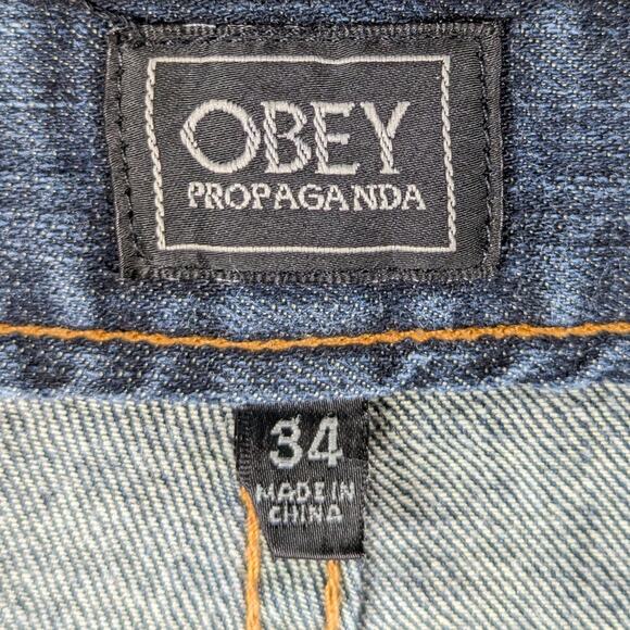 Obey Propaganda Jeans 34x32 Tight Stretch Straight Leg Blue Denim Men’s Slim Fit - Picture 5 of 6